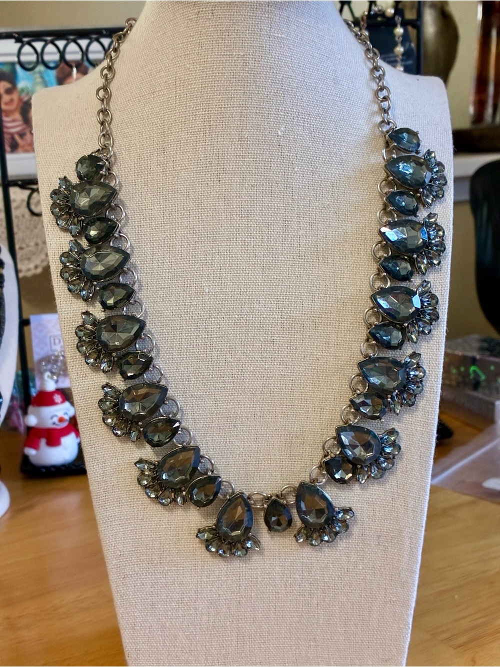Smoky Gray Faceted Teardrop Statement Necklace